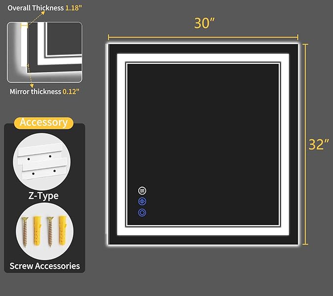 30"x32" LED Bathroom Mirror with Lights, Anti-Fog, Backlit + Front Lit, Dimmable, Led Vanity Mirror for Wall, Lighted Bathroom Mirror, 3 Colors, Shatter-Proof Tempered Glass