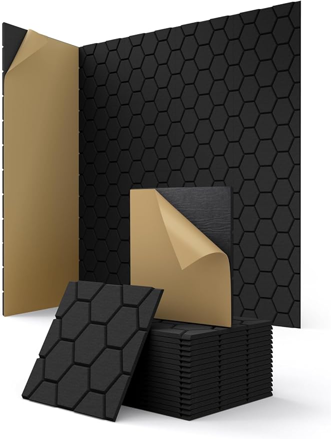 Acoustic Wall Panels Sound Absorbing, Honeycomb Self Adhesive Wall Tiles Panel, 18 Pack Decorative Hexagon Design for Studio, Home Office, Gaming Room, Acoustic Treatment, 12"x12"x0.4", Black