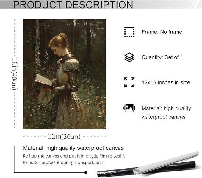 Lady Knight Reading In The Forest Wall Art, Vintage Woman Knight Oil Painting, Medieval Fantasy Poster Canvas, Dark Academia Wildflower Field Picture, Reading Wall Art for Bedroom 12x16in Unframed