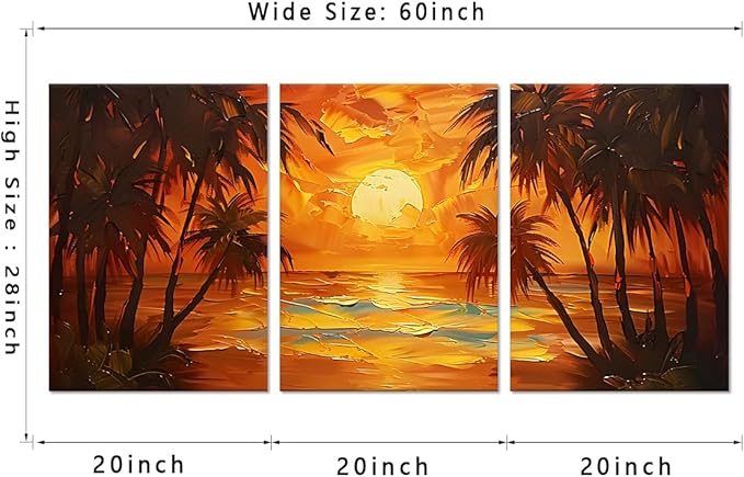 MAMAGO Abstract Beach Wall Decor 3 pieces Orange Skyline Palm Trees Romantic Landscape Canvas Print Picture for Living Room Bedroom Modern Wall Art Framed Easy to Hang-20”W x 28”Hx3pcs