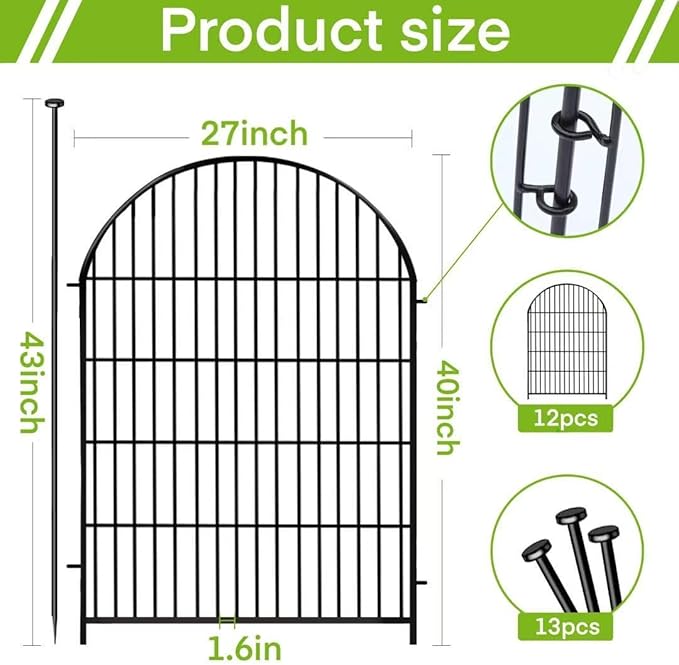 ADAVIN Garden Fence Animal Barrier with Gate 40 in(H)×26.2 Ft(L) 12 Panels,Rustproof Metal Wire Tall Fencing Border for Dogs Rabbits,Outdoor no dig pet Fences,Black Flower Edging for Yard,Arched