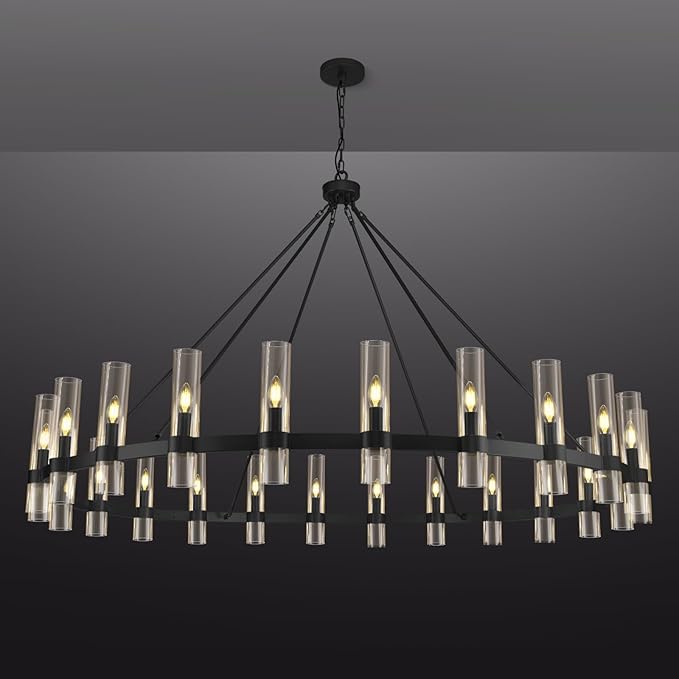 Black Wagon Wheel Chandelier, 70 Inch Glass Chandeliers, 24 Light Chandelier for High Ceiling, Modern Farmhouse Chandeliers for Living Room, Dining Room, Entryway, Stairwell(Bulbs Included)