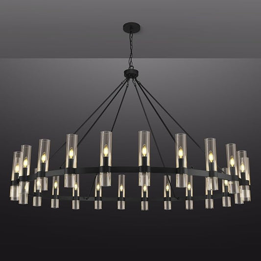 Black Wagon Wheel Chandelier, 70 Inch Glass Chandeliers, 24 Light Chandelier for High Ceiling, Modern Farmhouse Chandeliers for Living Room, Dining Room, Entryway, Stairwell(Bulbs Included)