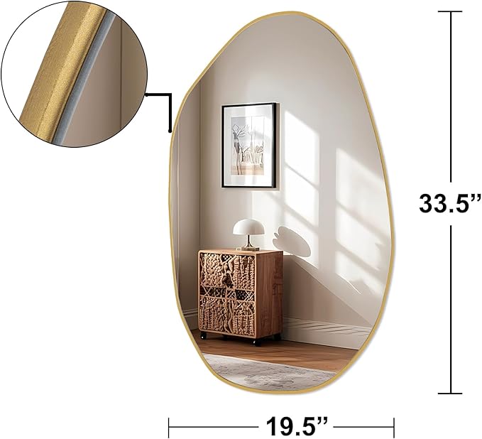 BOMINICA Irregular Wall Mirror Asymmetrical Mirror, Decorative Wall Mirror Golden Wood Framed, Wall Mounted Mirror for Bathroom Living Room Entryway Bedroom Hallway (Gold, 19.5" x 33.5")