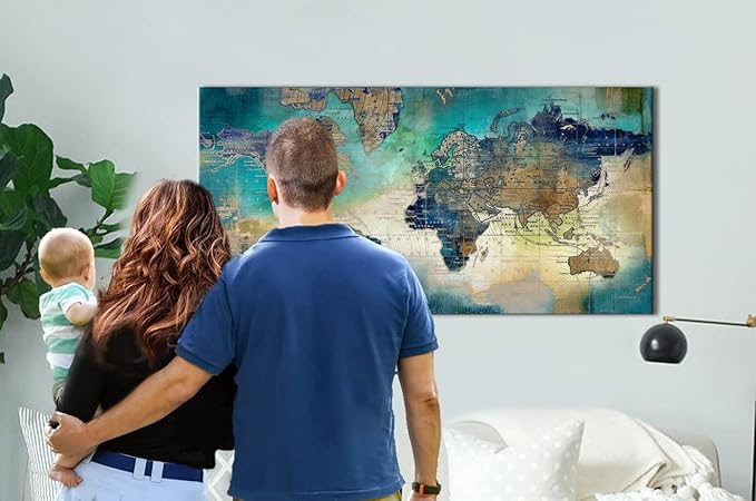 Large World Map Canvas Prints Wall Art for Living Room Office "24x48" Green World Map Picture Artwork Decor for Home Decoration