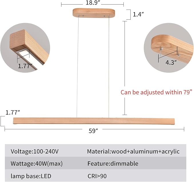 59" Wood Linear Pendant Light Fixtures Led Dining Room Chandelier Linear Kitchen Island Hanging Lights Dimmable Modern Pendant Light for Dining Room Kitchen Island Pool Table Lights Natural