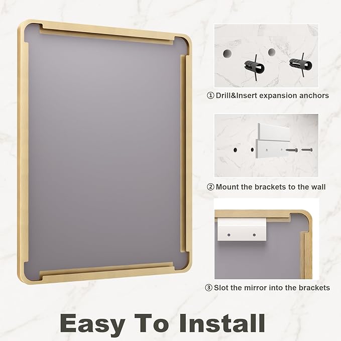 30x36 Gold Framed Bathroom Mirror, Brushed Gold Metal Vanity Mirror, Gold Rectangle Mirror for Wall, Rounded Corner, Tempered Glass, Anti-Rust, Shatterproof, Hangs Horizontally or Vertically