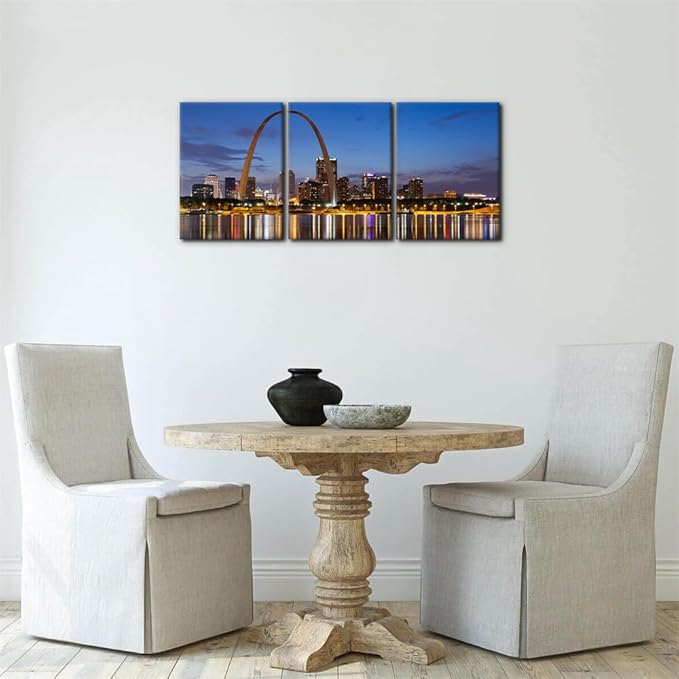 Pacimo Canvas Wall Art for Home Decor St. Louis Skyline Poster Wall Decor Gateway Arch at Sunset Canvas Prints Pictures Cityscape Modern Artwork Stretch and Framed Ready to Hang - 12"x16"x3 Panels