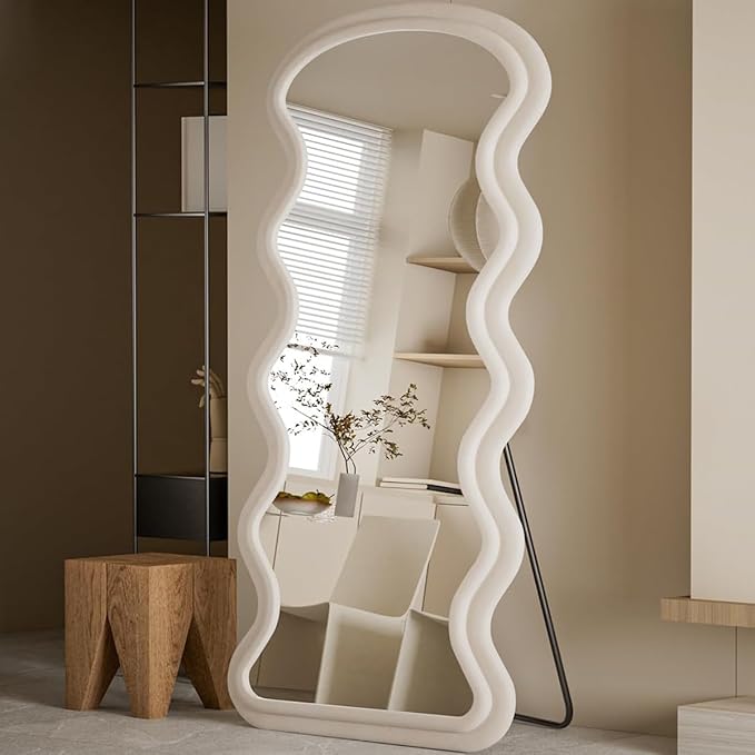 Koonmi 71"x32" Irregular Mirror Full Length, Large Full Body Freely Standing Mirror, Flannel Wave Floor Mirror with Stand for Bedroom, Living Room, Hanging or Against The Wall, White