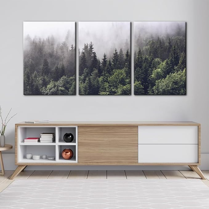 Pacimo Canvas Wall Art Fog Over Pine Tree Forest Nature Wilderness Photography Modern Art Rustic Landscape Relax/Calm Cool for Wall Decor Giclee Artwork Stretch Framed Ready to Hang - 20"x28"x3