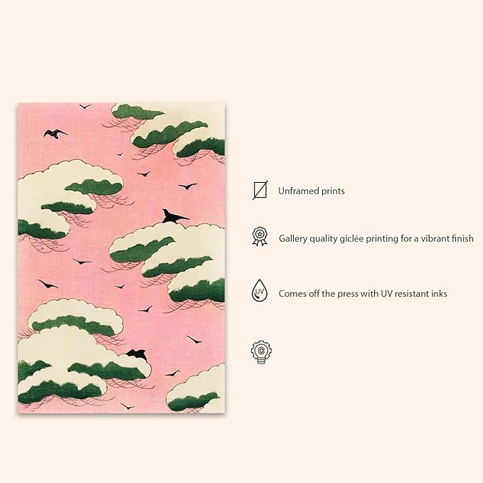 OZCONO Japanese Art Wall Print, Pink Sky with Birds and Trees, Vintage Style Minimalist Decor (30L x 20W)
