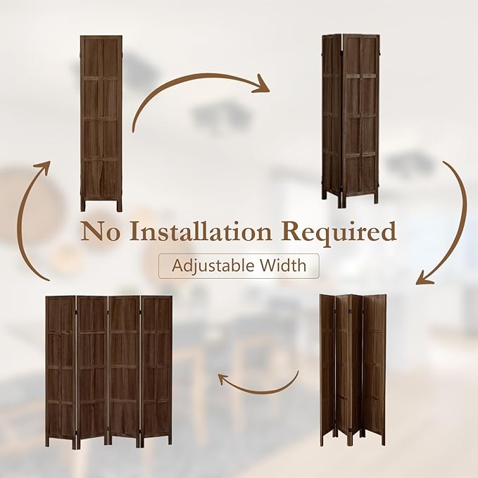 4 Panel Room Divider, 5.6Ft Wood Room Dividers and Folding Privacy Screens, Room Divider Wall Freestanding Room Partitions, Room Dividers Screen for Home Office Restaurant Bedroom, Dark Brown
