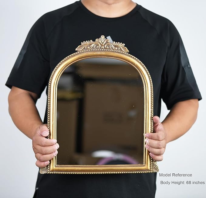OIGUMR Small Vintage Gold Ornate Baroque Mirror Hanging Mirror Arched Resin Frame Size：15X11 inch