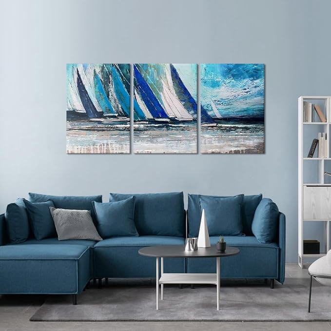 MAMAGO Abstract Wall Art - 3 Pieces Landscape Poster Painting Beautiful Ocean Sailboat Picture Vintage Artwork for Living Room Decor Framed Easy to Hang - 20" W x 28" Hx3pcs