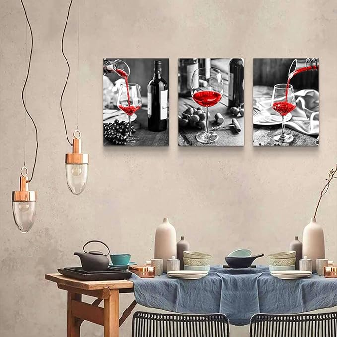 Canvas Wall Art For Kitchen Wall Decor For Dining Room Black And White Wine Glasses Painting Modern Red Wine Canvas Art Prints Ready To Wall Pictures For Restaurant Home Decorations 16"X24" 3 Pieces