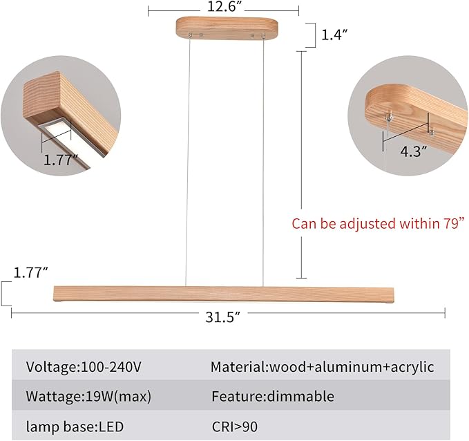 31.5" 18W 1-Light Wooden Led Linear Pendant Light Dimmable Led Ceiling Hanging Light Fixtures Modern Chandeliers for Dining Room Kitchen Island Lights Natural