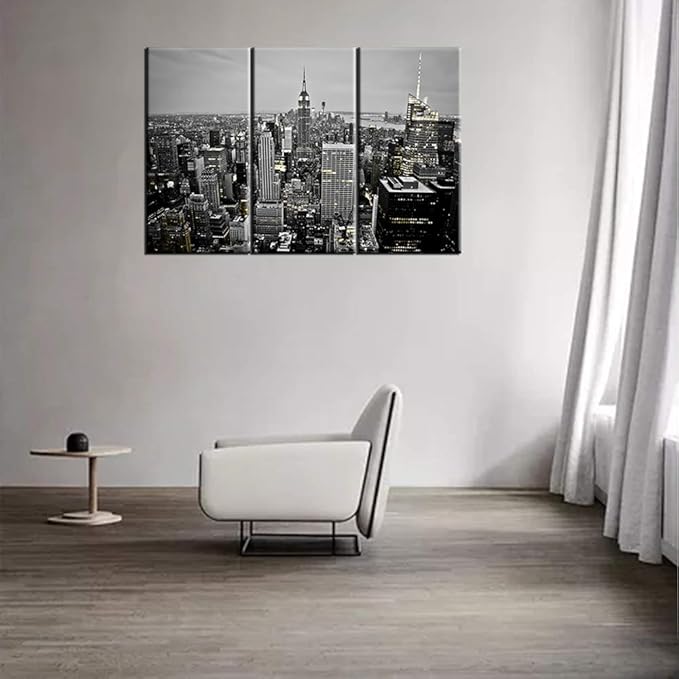 3 Pieces Canvas Wall Art Black and White New York City Skyline at Night Wall Art Manhattan Downtown Urban Skyline Pictures Modern Home Decor Stretched and Framed Ready to Hang - 24‘’x12‘’x3 panels