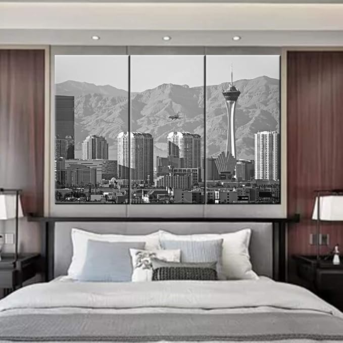Black and White Picture USA City Skyline Canvas Wall Art -Vegas Cityscape. Las Vegas, Nevada Downtown Skyline. United States - Gallery Wrap Modern Home Decor | Ready to Hang - 20x40 inch x 3 panels
