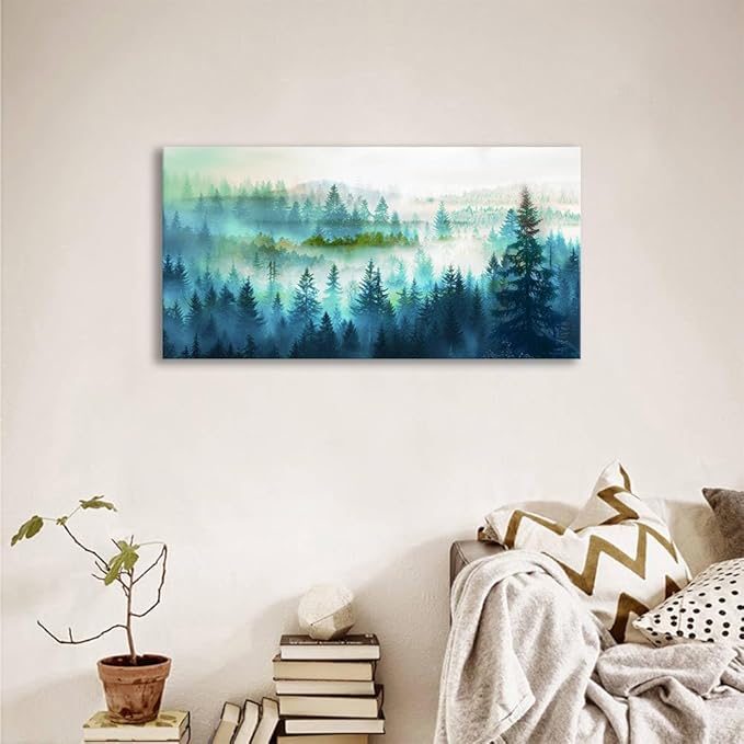 BYXART Canvas Wall Art for Living Room Misty Forest Foggy Mountain Landscape Artwork Nature Picture Bathroom Decor Smoky Scenery Painting Artwork For Bedroom Home Office Decoration 40L x 20W