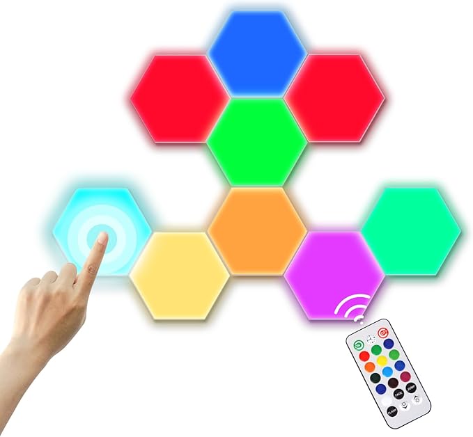 9-Pack Hexagon Lights, Remote and Touch Controlled RGB Wall Light Panels - LED Panels for Living Room, Bedroom, Game Room Decor - Double-Sided Tape and Tabletop Stand Included