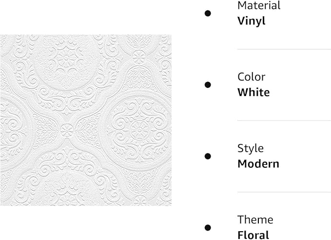 Manhattan Comfort Carter Series Vinyl Textured Paintable Floral Scroll Boarded Square Design Large Wallpaper Roll, 21" W x 33'L, White