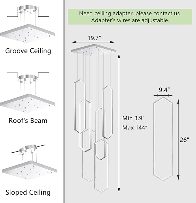 6 Rings Modern Chandelier LED Dimmable Pendant Lighting Adjust Flush Mount Ceiling Light for Foyer Lobby Living Room Staircaes Sliver 78.7''