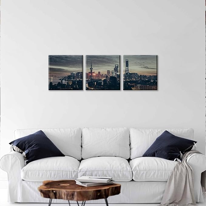 NAN Wind 3Pcs Modern Shanghai Skyline Canvas Wall Art Dusk City Panorama Print Oriental Pearl Tower Night Scene Artwork Living Room Office Decor Black Grey Gold Urban Photography Print on Canvas Decor