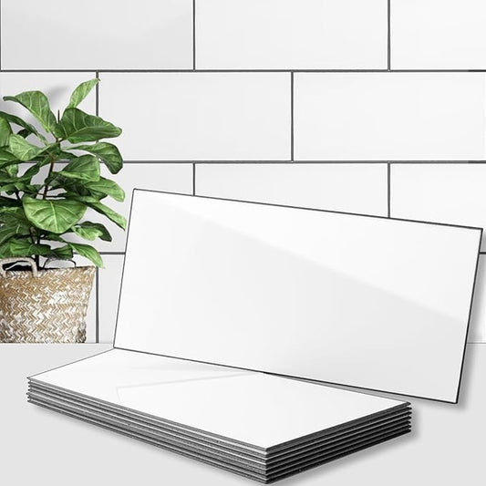 AULIGET 2-Piece Polished White Thick PVC Peel and Stick Backsplash, 6" x 12" Waterproof Subway Tile Peel and Stick Wall Tiles for Kitchen & Bathroom