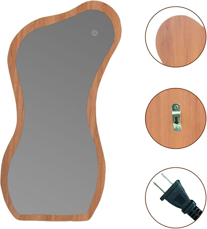 48" x 24" Irregular Led Wood Full Length Mirror with Lights Wavy Floor Mirror,Shatter-Proof Hanging/Leaning Irregular Asymmetrical Wall Mirror Wooden Framed Mirrors for Living Room Bedroom Entryway