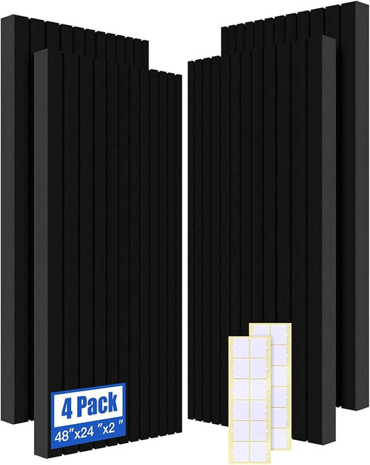 4-Pack Acoustic Foam Panels, 48" x 24" x 2" High-Density Soundproof Foam Wall Panels for Wall, Ceiling, Noise Dampening Panels for Office, Studio and Home (Black 4 Pack, 48X24X2 Inch)