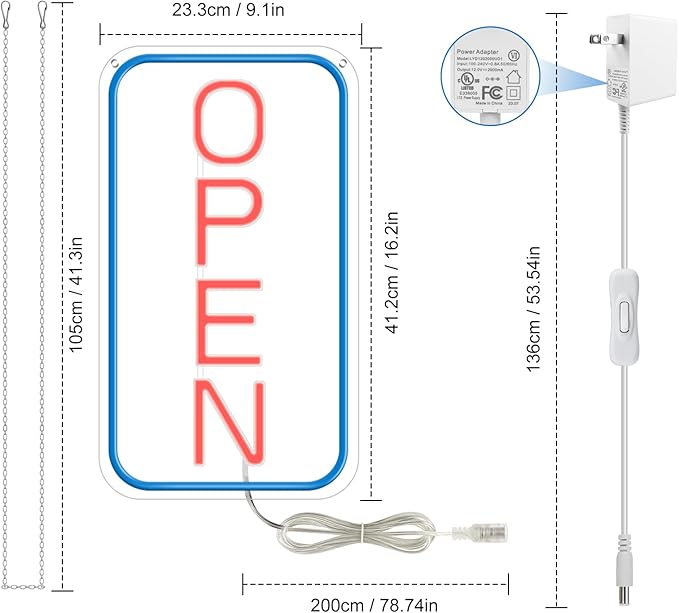 16"x 9" Ultra Bright 12V Neon Open Sign for Business, LED Open Neon Sign, Electric Light up Signs for Stores, Restaurants Shops Window (Blue-Red-Vertical)