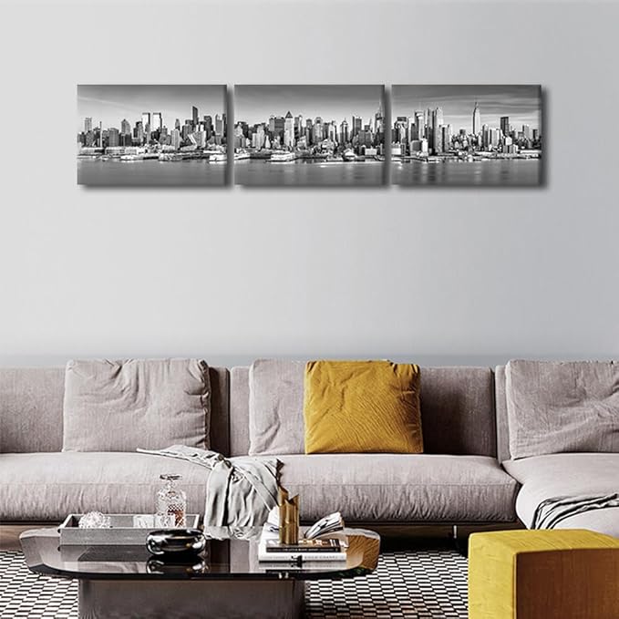 New York Wall Art Black and White City Panorama Cityscape Pictures Print On Canvas Urban Building Artwork Wall Art for Living Room Office Giclee Posters and Prints Framed Ready to Hang 12x48 Inch