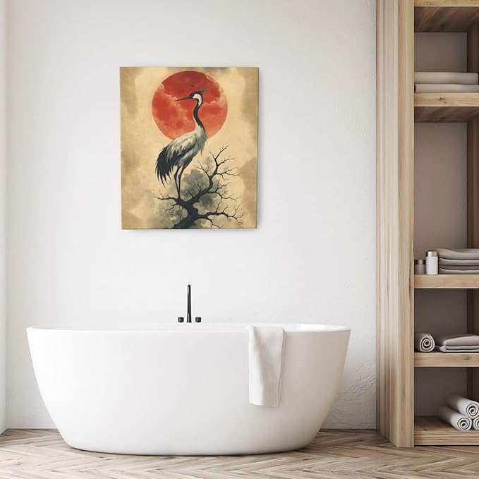 Japanese Crane Wall Art Oriental Asian Wall Decor Sandhill Crane Canvas Pictures Paintings Prints Japan Traditional Aesthetic Artwork Framed Chinese Decorations For Bedroom Living Room Office Gifts 20" x 24"