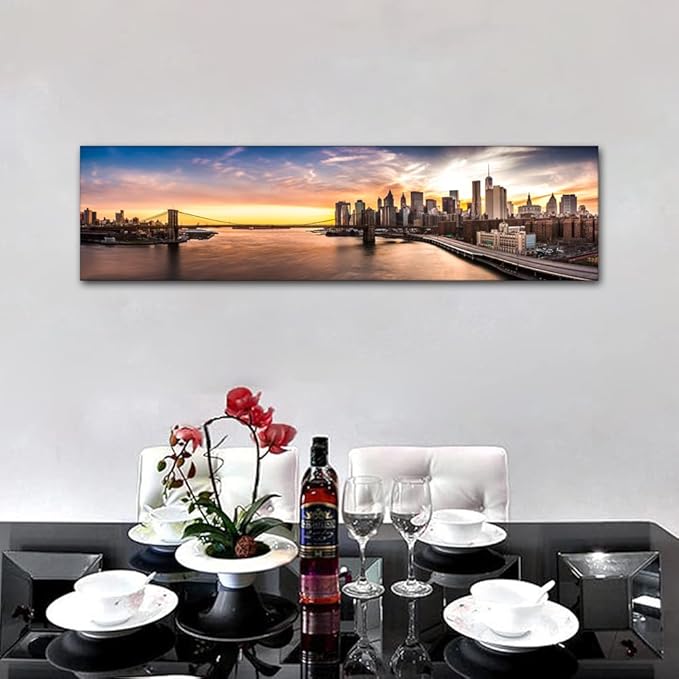 New York Cityscape Wall Art Painting on Canvas Brooklyn Bridge Panorama at Sunset Bedroom Wall Art Modern Home Decor House Decorations for Living Room Bathroom Pictures Framed Ready to Hang 12x46 Inch
