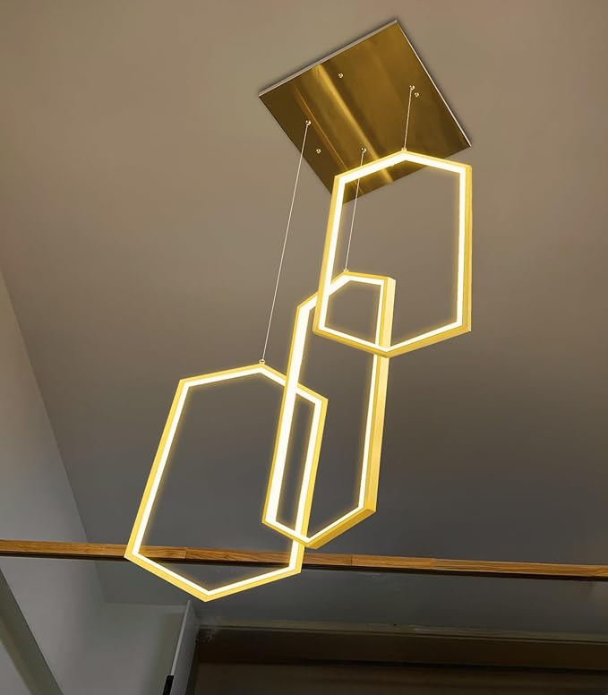 3 Rings Modern Chandelier LED Dimmable Pendant Lighting Adjust Ceiling Light for Dining Room Foyer Lobby Living Room Staircaes Gold