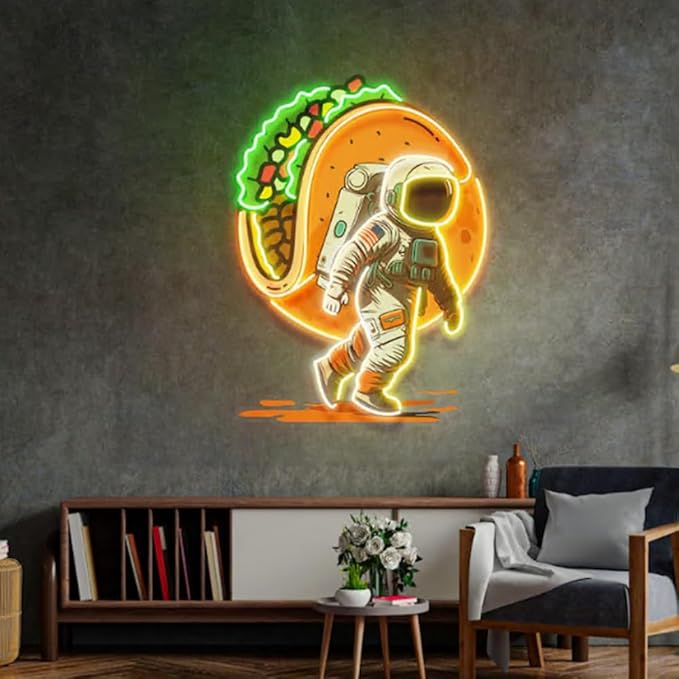 Astronaut Carrying Tacos Neon Sign,BusinessTacos LED Light,taco shop Décor Light Size:20 inch