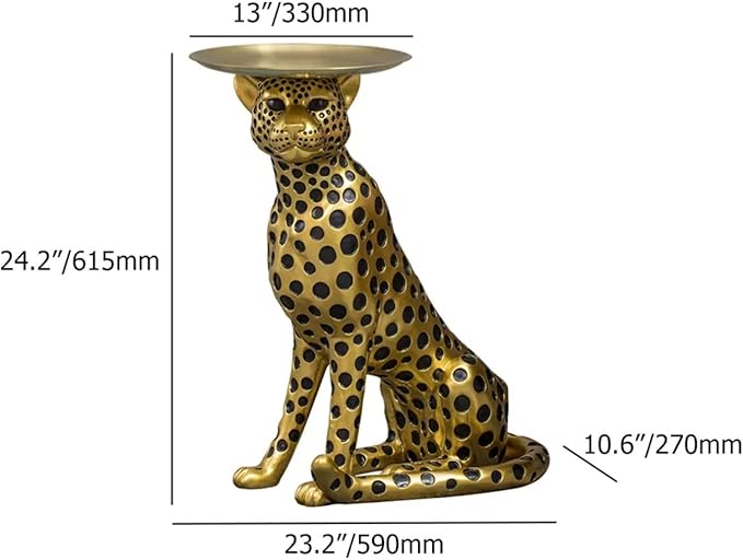 LOVEDIMA 24.2" Resin Panther Statue Luxury Gold Leopard Floor Figurine Accent Side Statue with Tray Top for Small Space Living Room Bedroom