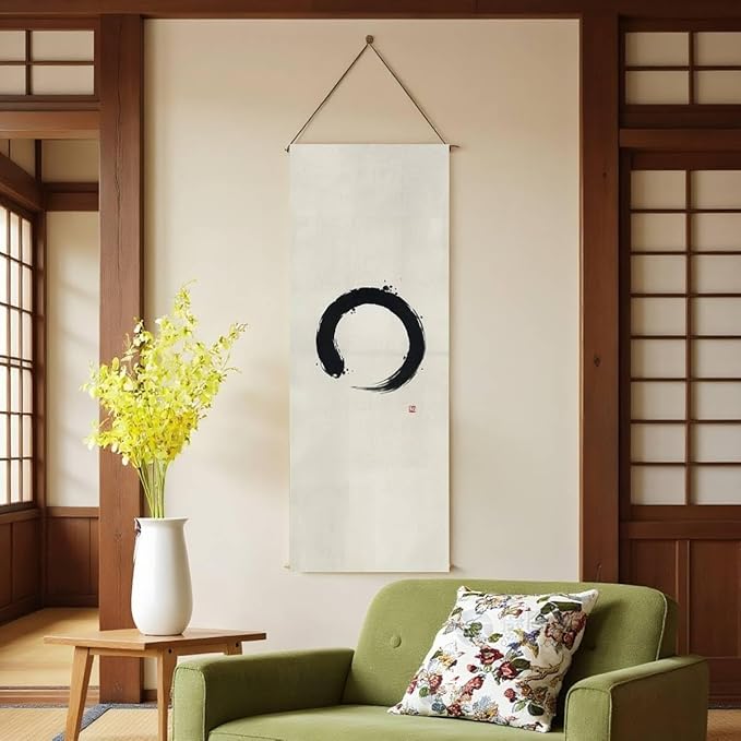Japanese Tapestry Wall Art Scroll - Feng Shui & Lucky Symbols | W15.7xH47.2", Extra Long Vertical Hanging Decor for Bedroom, Living Room, Office | Zen Design (Enso-Circle) CTT-134