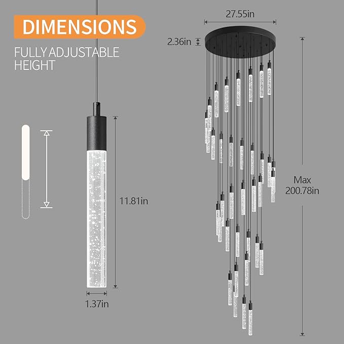 36-Light Modern Living Room Chandelier Black Crystal Ceiling Pendant Lights LED Dimmable 216W 6000K Staircase Large Chandeliers for Entryway Lobby Foyer High Ceiling Chandeliers