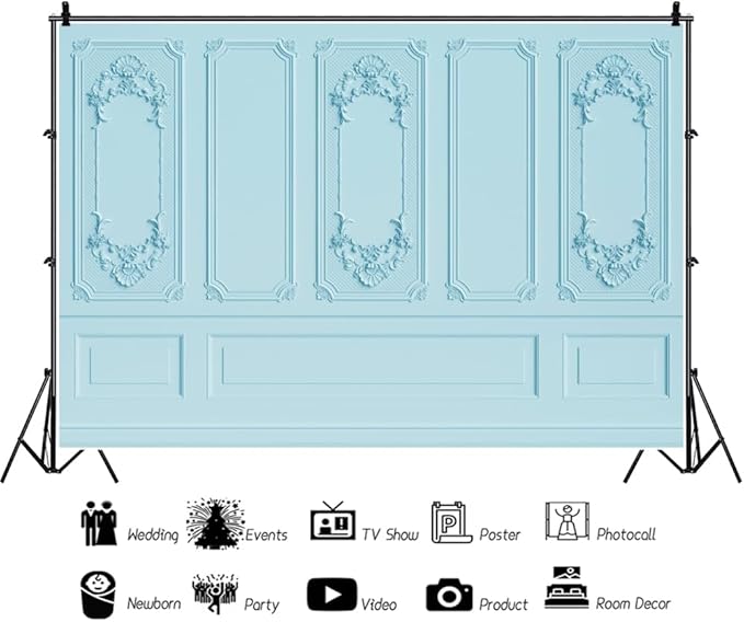 Leyiyi 5x4ft Light Blue Vintage Room Inside Backdrop European Frame Modern House French Castle Cementery Wall Retro Style Photo Background Cowboy Kids Birthday Portrait Studio Props Vinyl Wallpaper