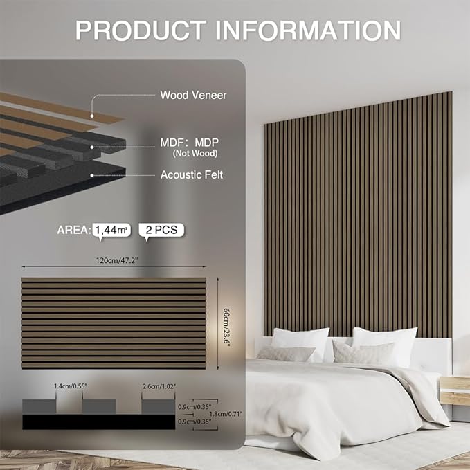 2-Pack Wood Slat Wall Panel 47.2"x23.6" (15.5 sq ft)|Soundproof and Acoustic Wall Panels for Interior Decor & Ceiling|Wood Veneer Fluted Paneling for Office & Home Theater Amercian Oak#5