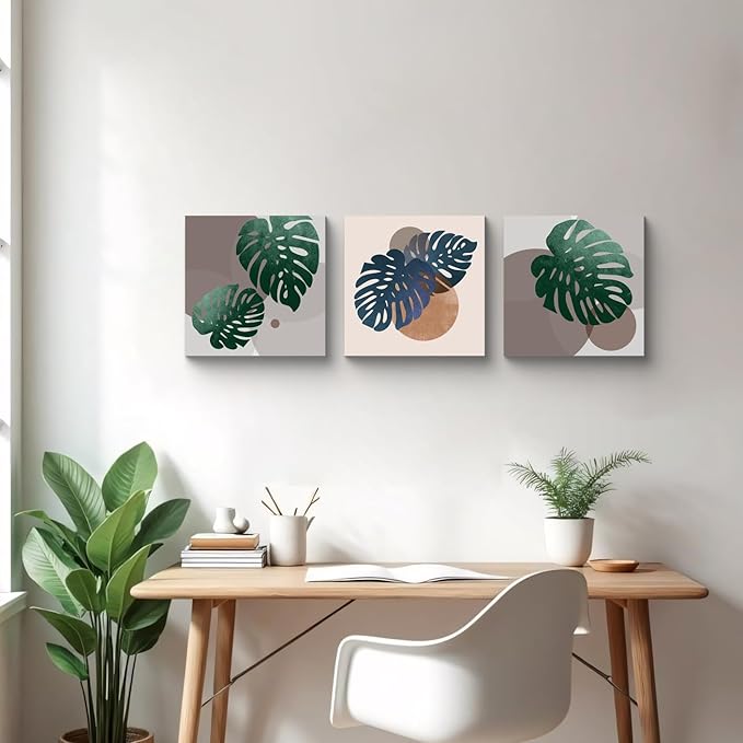 NAN Wind 3Pcs Tropical Leaf Wall Art Palm Frond and Foliage Canvas Print with Bold Orange Teal Yellow Shapes Mid-Century Modern Botanical Plant Pictures for Boho Living Room Bedroom Office Wall Decor
