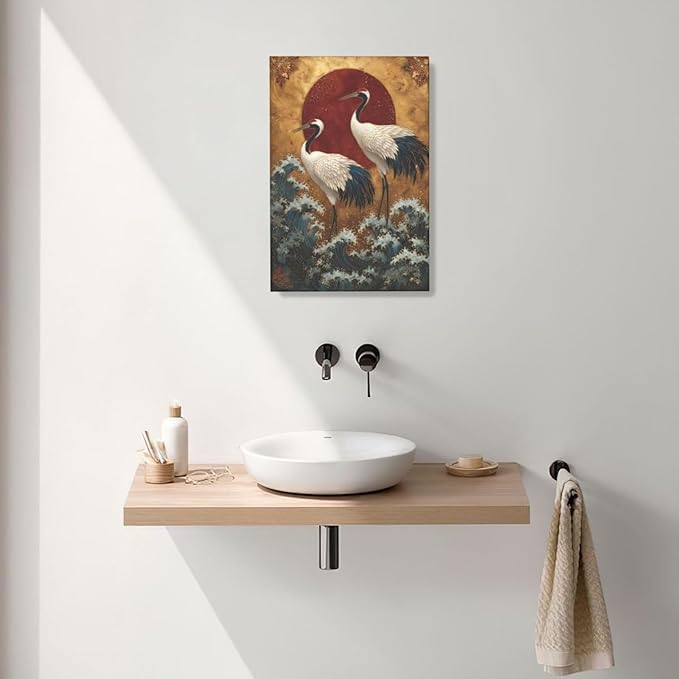 Japanese Crane Wall Art Gold Oriental Asian Wall Decor Sandhill Crane Canvas Pictures Paintings Prints Japan Traditional Aesthetic Artwork Framed Chinese Decorations For Bedroom Living Room Office Gifts 16" x 24"