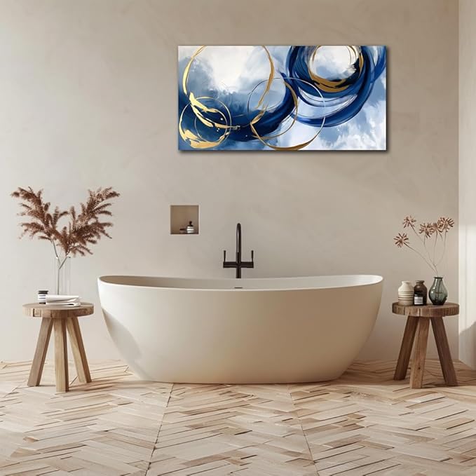 Abstract Wall Art Nave Blue Modern Canvas Pictures Art Print Gold Contemporary Artwork Painting Decor for Living Room Bedroom Home Office Decorations(20"x40")