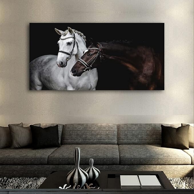 Jiuqinghua Wall Art Canvas Print Picture White and Brown Horses 1 Panel Wild Animal Painting Artwork for Living Room Bedroom Office Home Wall Decor Stretched and Framed Ready to Hang 30x60inches
