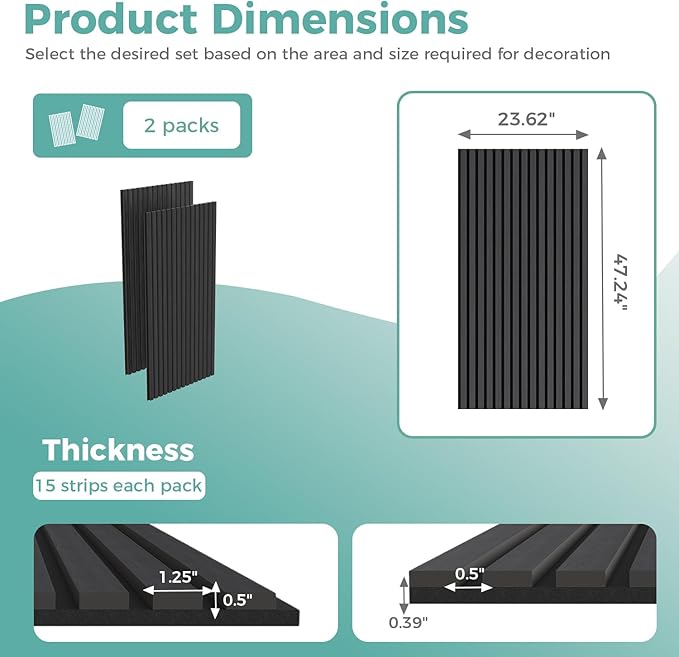 2-Pack 47.2" x 23.6" Decorative Acoustic Panels, Soundproof Slat Wall Panels for with Felt Backing, Sound Absorbing Art Wall Paneling for Office and TV Background, Charcoal Black