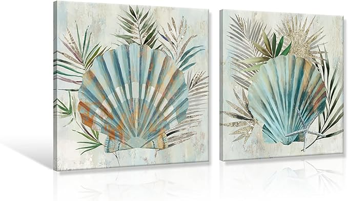 JAPO ART Turquoise Shell Pictures Modern Seashell with Tropical Palm Leaves Canvas Wall Art Coastal Wall Art for Bathroom Bedroom Livingroom Home Decorations 12x12Inchx2pcs