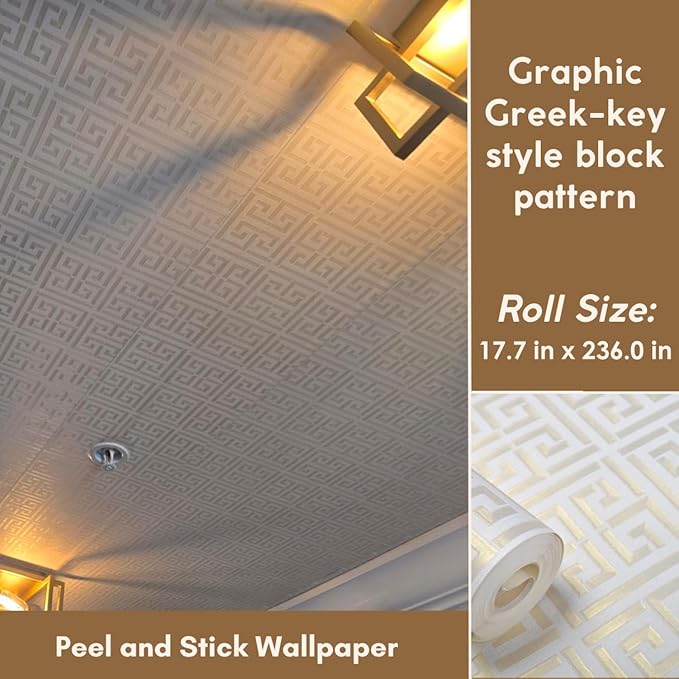 17.7"x236.0"Greek Key Peel and Stick Wallpaper Modern Classic Geometric Trellis Self Adhesive Wallpaper Silver/White Textured Vinyl Contact Paper Washable