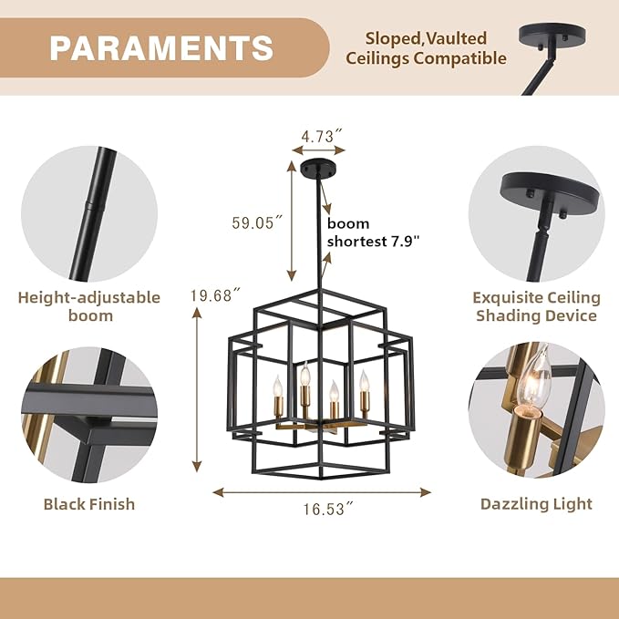 4-Light Black and Gold Chandelier, Modern Dining Room Light Fixture, Farmhouse Hanging Lantern Pendant Light, Industrial Ceiling Foyer Chandeliers, for Kitchen Island,Staircase,Entryway
