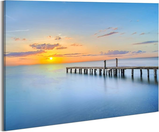 Ocean Canvas Wall Art Bathroom: Sea Sunset Picture Seascape Scene Dock Print Artwork Beach Coastal Pier Painting for Living Room Home Decorations 36 x 24 Inch